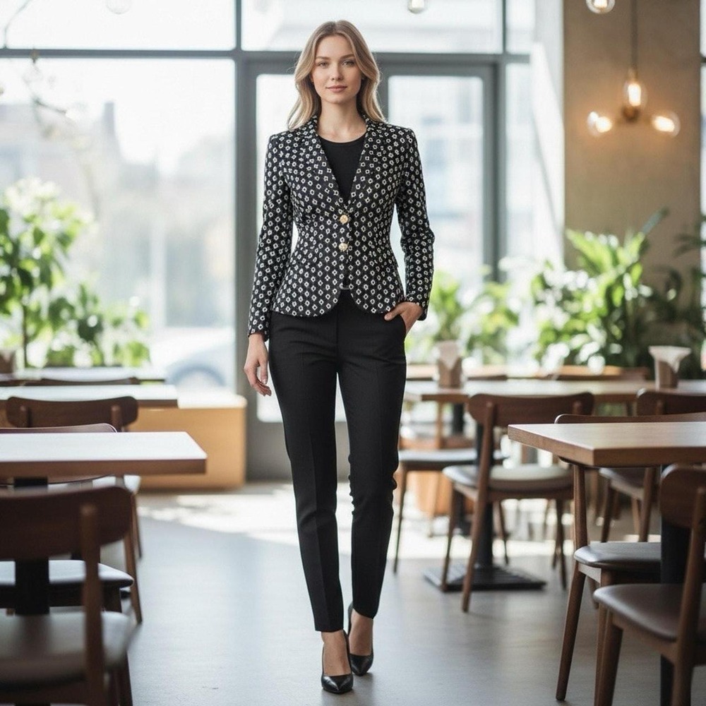 Vince Camuto Desert Horizons Blazer Rich Black Geometric Diamond Print 12P NWT